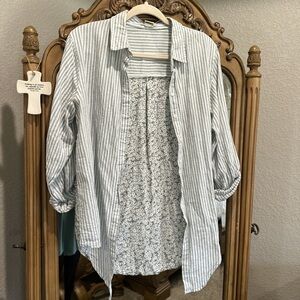 Passport Blue and White Striped Button-Down with Floral Tank